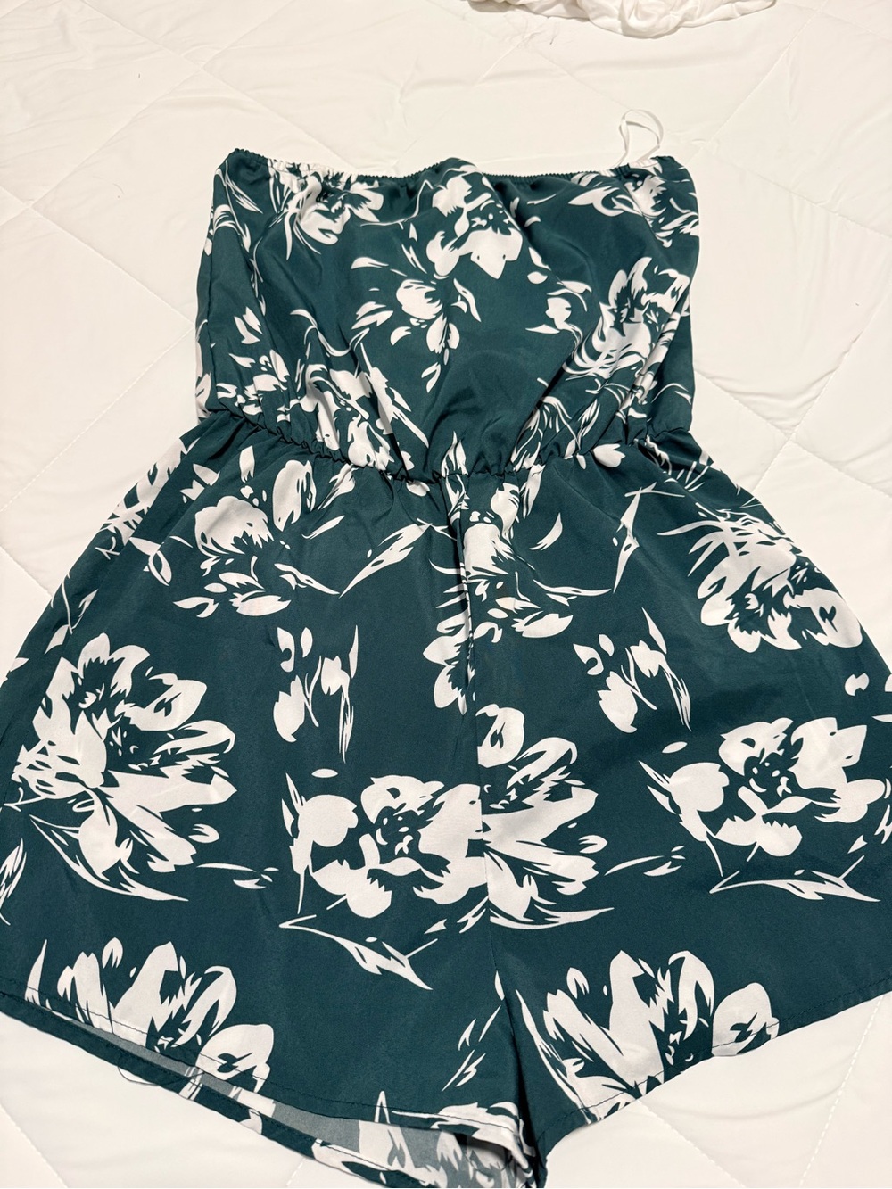 SHEIN Teal and White Strapless Floral Romper